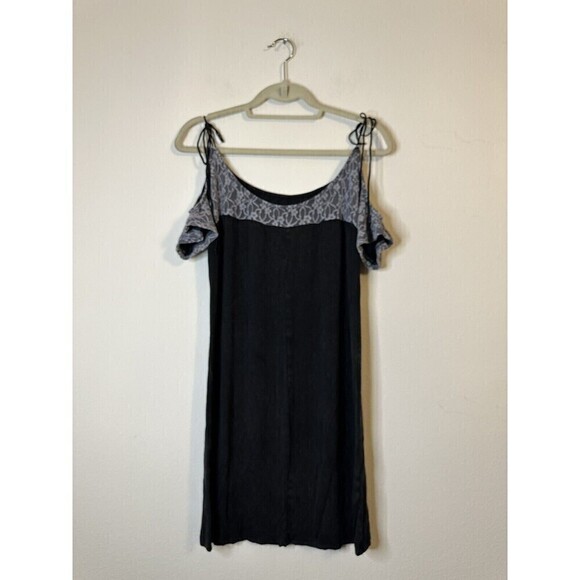 FREE PEOPLE COLD SHOULDER DRESS ROCKER DRESS BLACK W/GRAY LACE & TIE SHOULDERS L - Picture 3 of 6